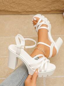 2026 New Arrival Round Toe Thick Bottom Chunky Heel Sexy Bare Strap Buckle Elegant Sexy Party Fashion Thick Platform High Heel Women Sandals - White - View 1