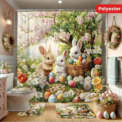 1/4 Pcs Easter Decor Shower Curtain Set - Rabbit Easter Egg Basket Floral Bright Green Pink White Cute Fun - Washable Spring Bathroom Shower Decor Gift Home With 12 Hooks Non-Slip Bathroom Mat U-Shaped Toilet Seat Cover