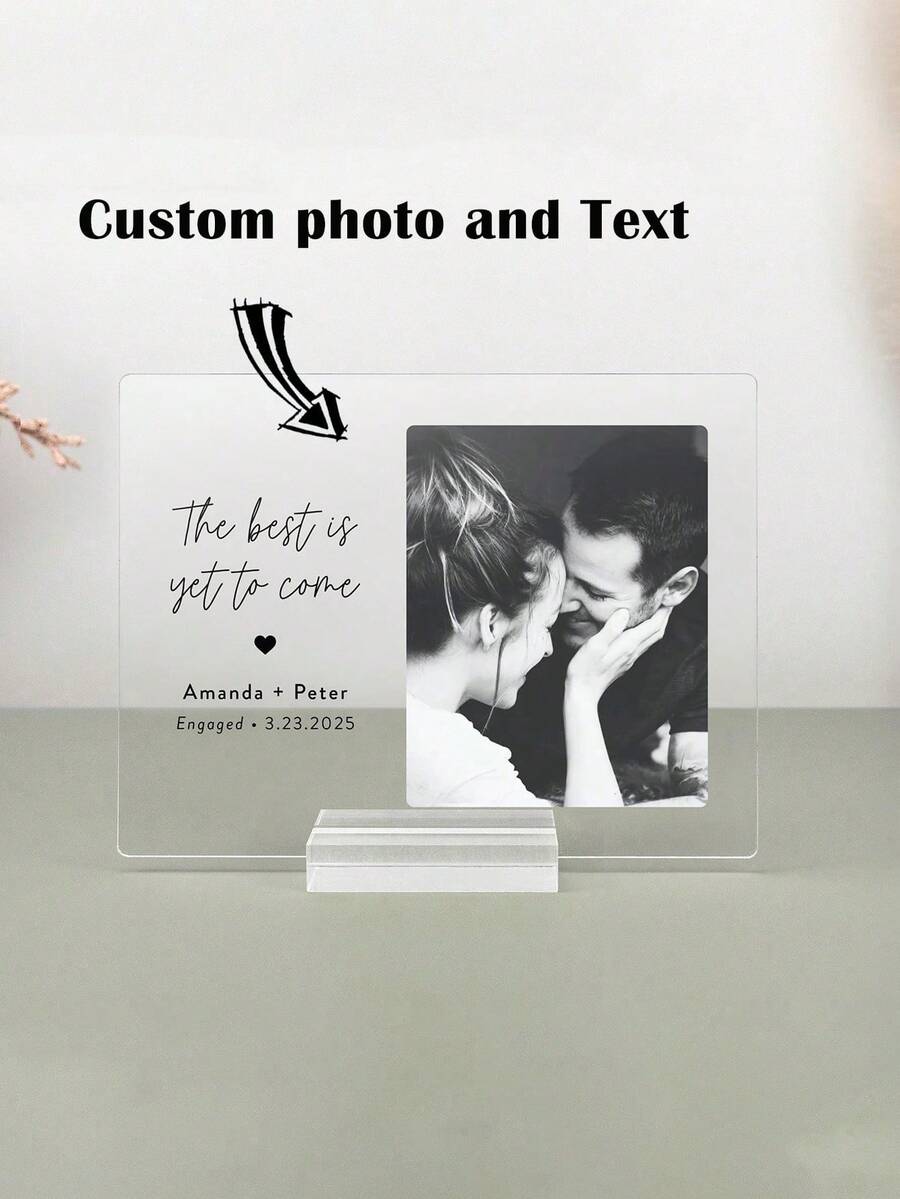 1 Set Customized Engagement Gift, Newlywed Engagement Couple Gift, Engagement Plaque, Personalized Gift, Valentine's Day, Customizable Photo Printed Plaque With Custom Information, Personalized Acrylic Photo Frame, Customizable Photo Decor - Multicolor - View 1