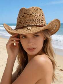 1pc Bohemian Solid Color Beaded Hollow Panama Straw Hat, Casual Protective Sunshade Hat, Fashion Versatile, Suitable For Outdoor Activities, Women's Country Hat, Suitable For All Seasons, Holiday Gift, Mother's Day Gift For Mom, Valentine's Day Gift - MZ3056+ML56 - View 13