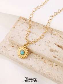 1pc Bohemian Style Stainless Steel Natural Stone Sun Charm Necklace For Women Heart Chain Necklace Collar Chain Jewelry Gifts - Yellow Gold - View 8