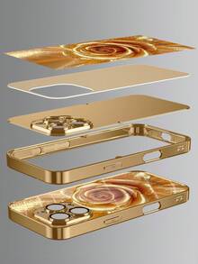 1pc Customized Name & Gold Rose Pattern Electroplated Glass Phone Case Compatible With IPhone 17 Pro Max/16 Pro Max/15/14 Plus/13 Pro/12 Pro Max/11/Xs Max/8/7/6 Plus, S24 Ultra/S25 Ultra - Gold - View 4