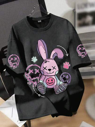 女童超大涂鸦兔子图案T恤 - 融化的微笑印花 Y2K 街头风滑板派对休闲上衣，夏季