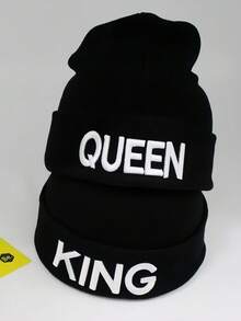 绣有国王和王后图案的针织帽，男女皆宜的冬季针织帽，欧美情侣款卷边宽松帽，畅销保暖帽 - 黑色 - 查看 2