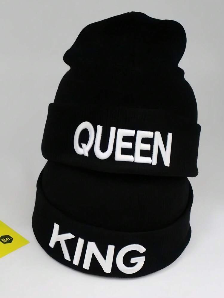 绣有国王和王后图案的针织帽，男女皆宜的冬季针织帽，欧美情侣款卷边宽松帽，畅销保暖帽 - 黑色 - 查看 2
