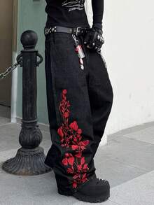 1 pieza Jeans de pierna ancha con bordado de estilo callejero de moda para hombres, suelto y cómodo, versátil para todas las estaciones (No se incluye cinturón ni accesorios) - Negro - Ver 8