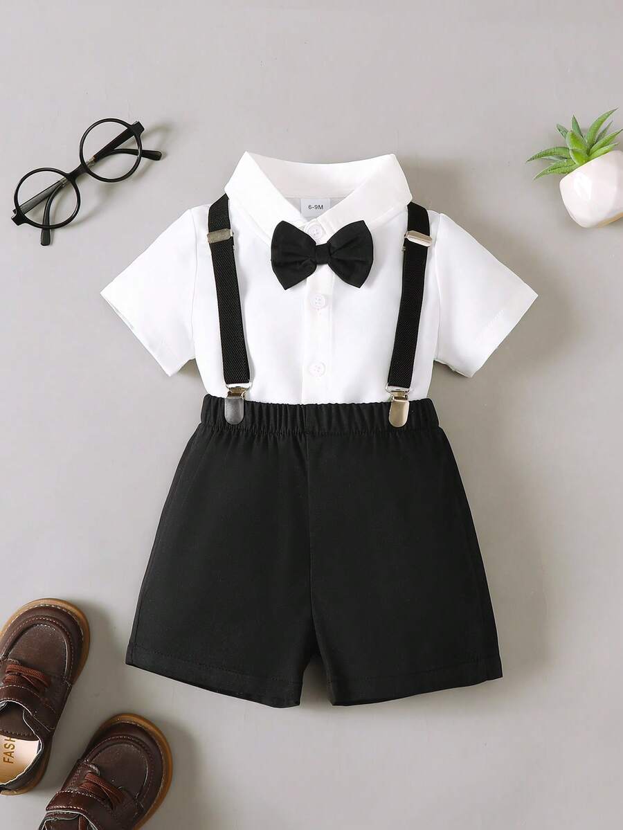 BrownBark 两件套男婴绅士风套装 - 领结装饰休闲短袖衬衫和背带短裤，适合生日派对、正式场合、婚礼、洗礼、一周岁生日庆祝、日常穿着 - 黑色 - 查看 1