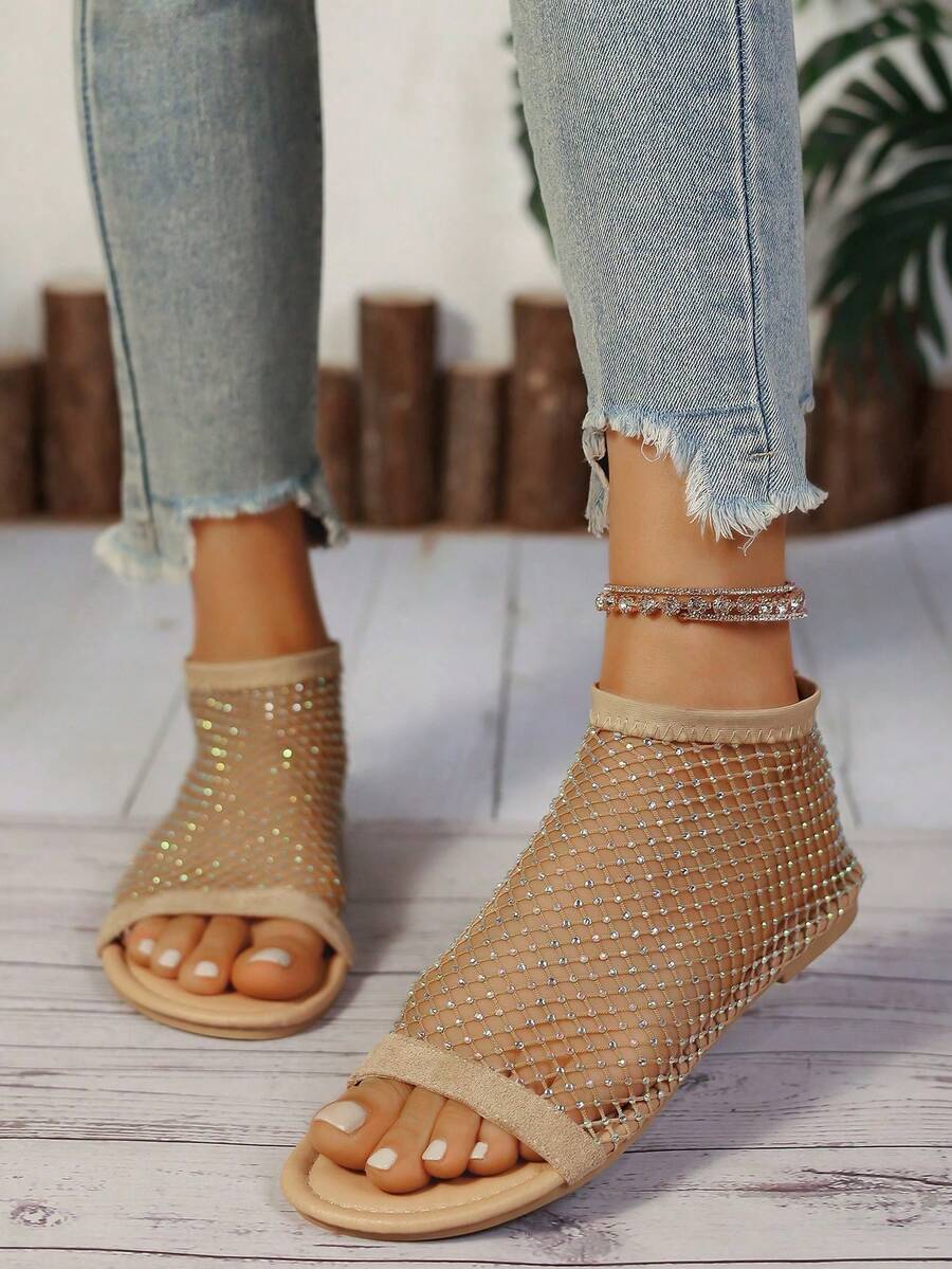 2025 Round Toe Flat Hollow Peep Toe Open Toe Rhinestone Sandals, Women Plus Size Casual Fishnet Breathable Slip-On Elastic Band Rhinestone Slouchy Shoes, In Stock - Gold - View 1