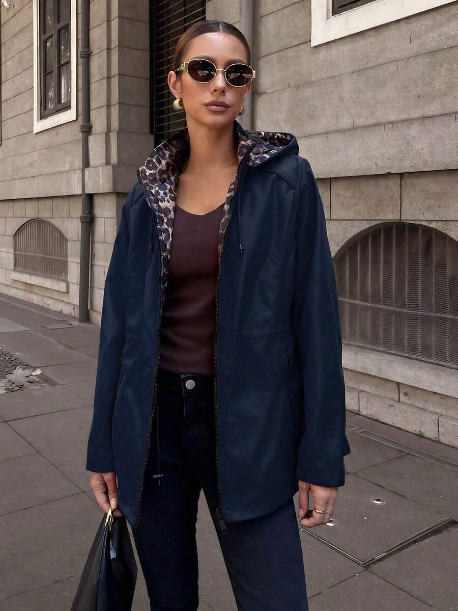 Giolshon 女士双面连帽外套,双面奶油黄印花设计,适合秋冬春季休闲时尚叠穿。 - 藏藍豹紋 - 查看 1