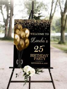 1 pièce affiche d'anniversaire personnalisée style noir et or, logo d'anniversaire personnalisé noir et or, affiche sur canevas sans cadre personnalisée - Personnalisable avec nom, date et âge - Décoration murale élégante avec ballons scintillants et rubans - Décoration de fête de luxe en PVC - Multicolore - Voir 5