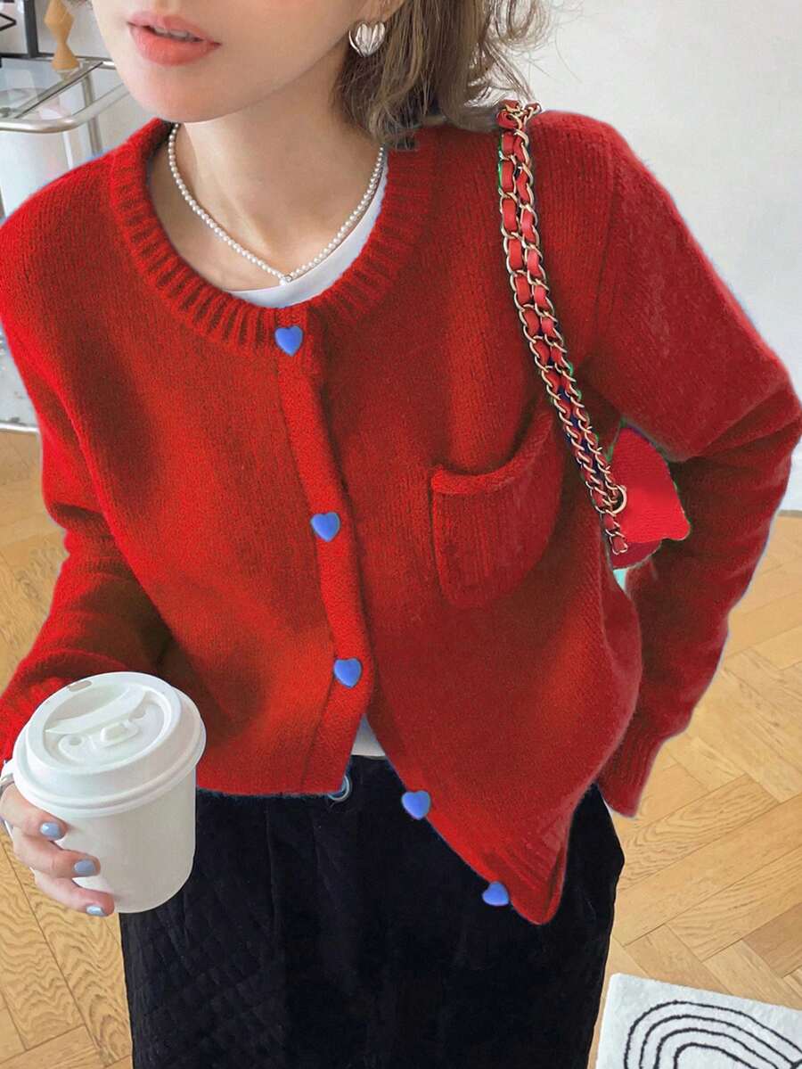 女士休闲简约韩版撞色纽扣圆领毛衣开衫,秋冬款 - 大紅色 - 查看 1