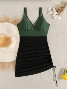 1 pieza Traje de baño de mujer con falda de cordón, escote en V, patchwork verde y negro, para usar en la playa y vacaciones de verano - Verde - Ver 4