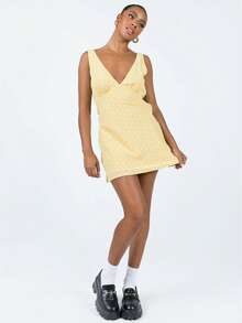 Women Boho Summer Polka Dots Tank Dress Sleeveless Deep V-Neck Bodycon Tie Back Casual Short Mini Dress Holiday Beachwear Sundress Party Clubwear - 黃色 - 查看 8