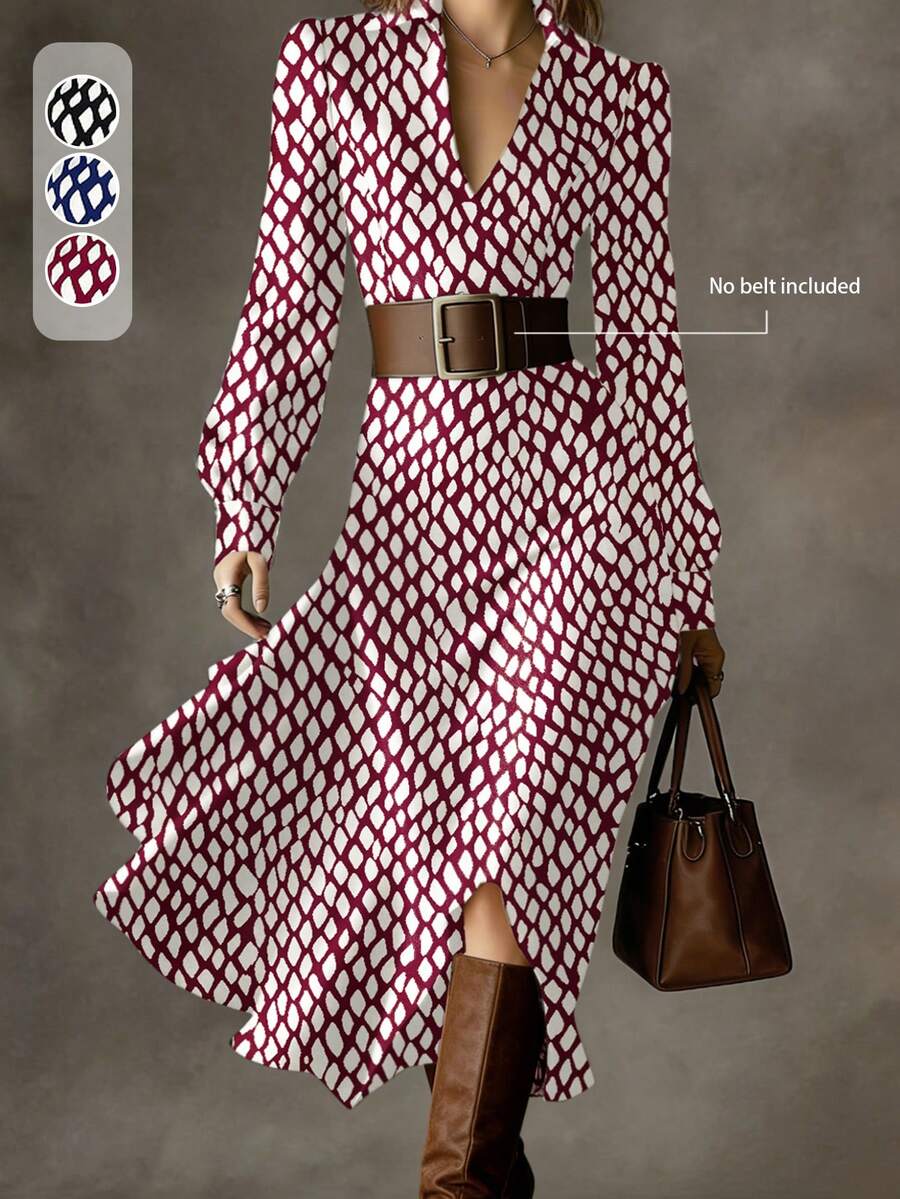 (No Belt Included) Elegant Vintage Floral Print Waist Cinched Shirt Dress, French Style Long Skirt Design, Suitable For Work, Dating, Commuting - Burgundy - View 1