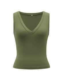 Áo tank top nữ Vaiaye mùa xuân-hè ôm sát gợi cảm cổ chữ V sâu không tay, áo thun dệt kim màu trơn phong cách thường ngày, quần áo tập gym, dùng cho hằng ngày & đi làm - xanh quân đội - Xem 3