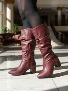 Women's Ruched Boot, Winter Fashion, Lirom Style, With Chunky Square Heel And Comfortable Toe. - Maroon - View 3
