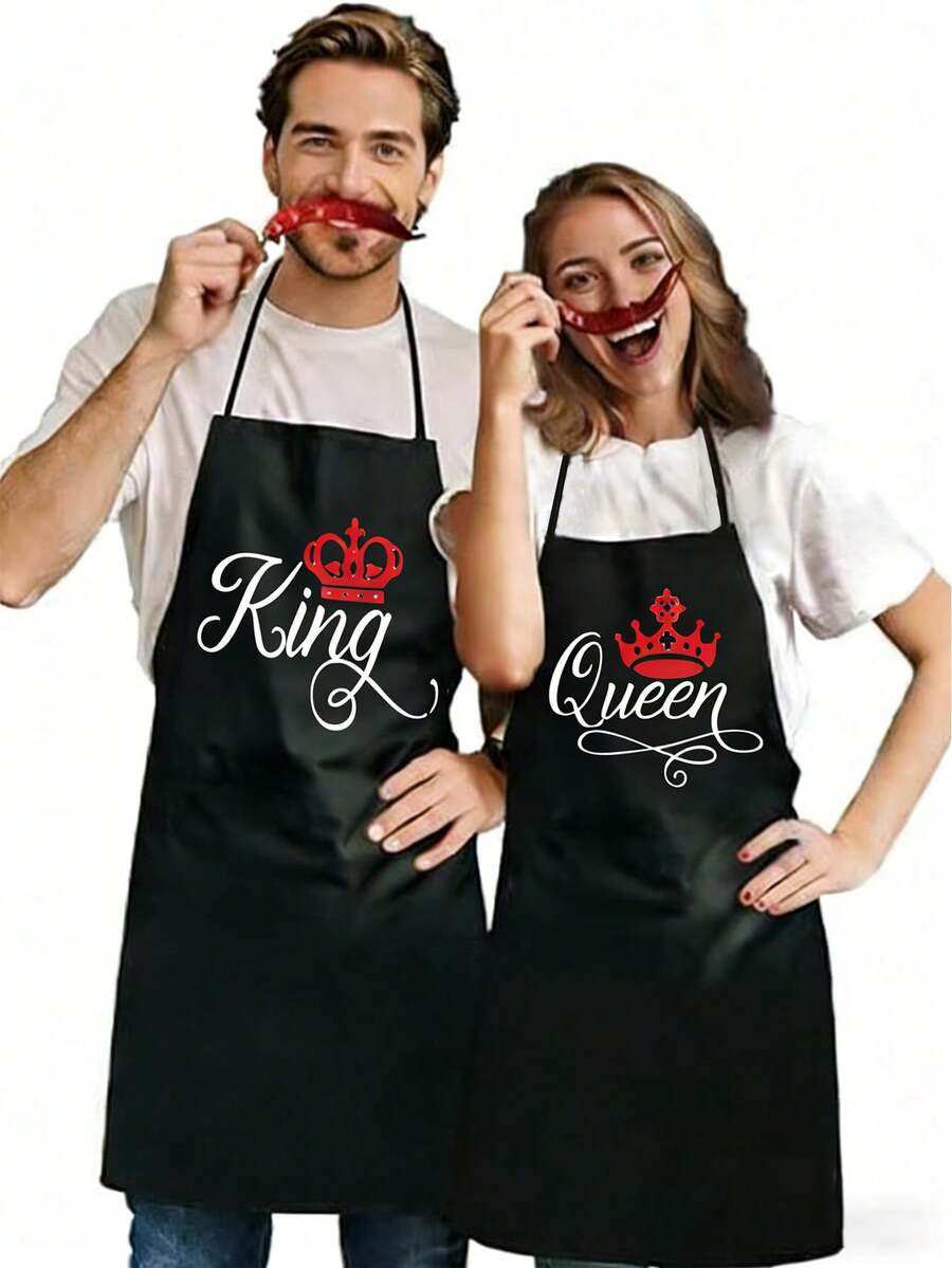 2pcs/Set Couple Aprons, Valentine's Day Gift Aprons, 100% Polyester Kitchen Aprons, Funny Aprons, Valentine's Day Cooking Aprons, Unisex Aprons, Romantic Kitchen Gift, Waterproof Cute Present - Multicolor - View 1