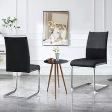 Set Of 2 Modern Dining Chairs, PU Faux Leather And Linen, Padded Side Chairs, Kitchen, Dining Room, Office Chairs, Black, Grey. - Black - View 2