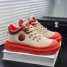 Men's Red & White Contrast High-Top Casual Shoes, Thick Sole Work Boots, Daily Commute Sneakers - Red - View 2