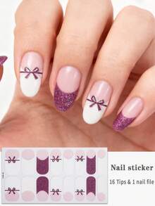 16片法式美甲贴，粉紫色蝴蝶结亮片全覆盖美甲贴纸，沙龙级效果，易于粘贴，是女士日常休闲DIY美甲的理想之选。美甲用品 - 白色 - 查看 1