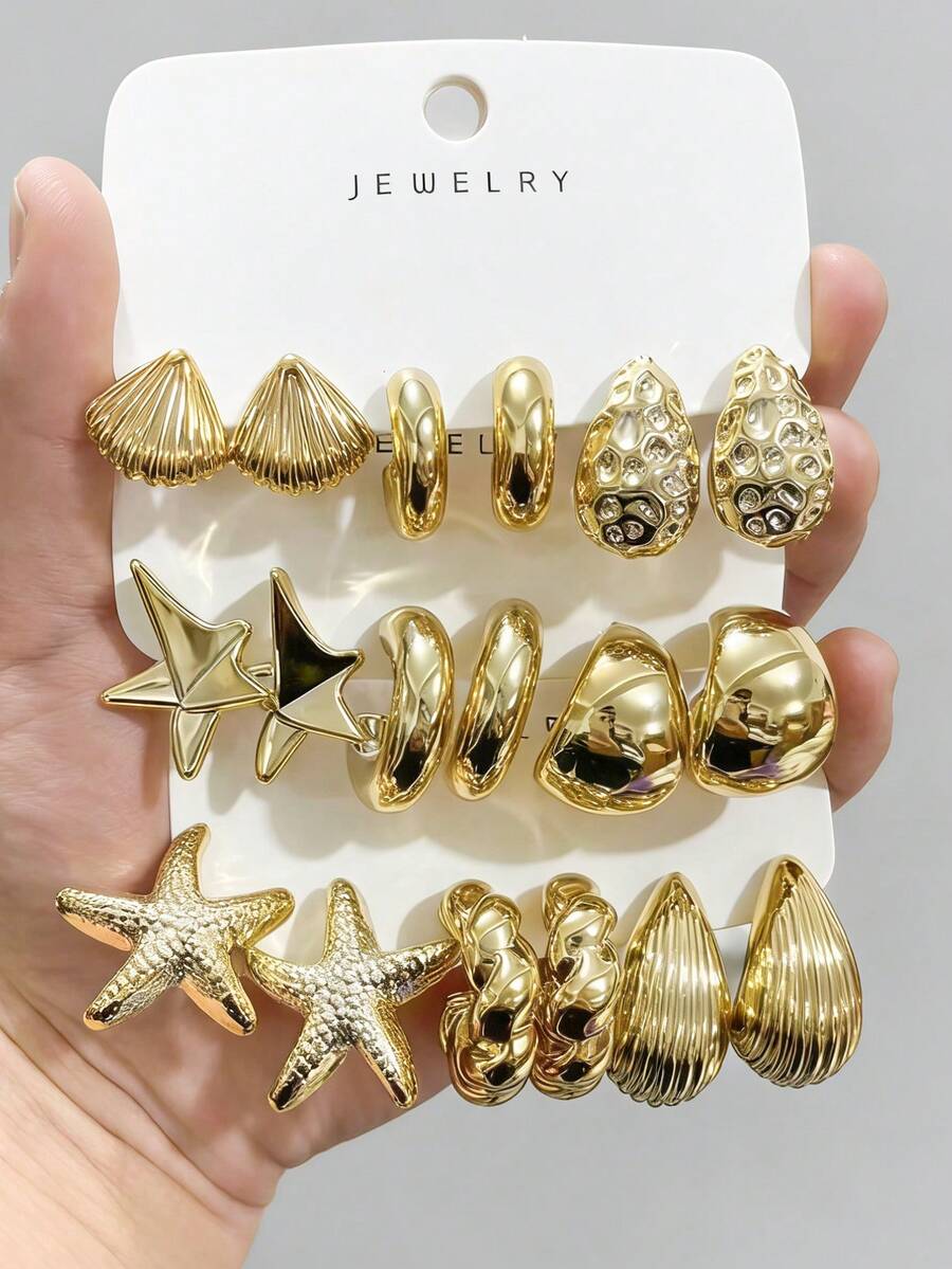 6-18pcs Women's Gold-Tone Fashion Earrings (Small Seashell, Starfish, C-Shaped), Suitable For Travel, Daily Wear, Dates - Gold - View 1