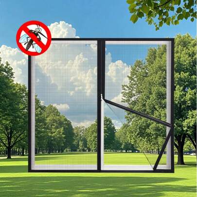 1pc Black Magnetic Mesh Screen Window, Self-Adhesive Mosquito Net, Sliding Zipper Design, Easy Installation Without Drilling, Suitable For Home Use