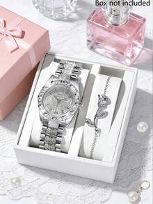 This 2 Pieces Luxury Women's Watch Set Includes A Silver-Tone Metal Band Quartz Watch And A Rose-Shaped Silver Bracelet With A Delicate Rose Pattern, Showcasing A Sparkling And Elegant Charm. Suitable For Various Occasions, Such As Christmas Dates, New Year Commuting, Evening Galas, And Daily Outings. - Silver - View 1