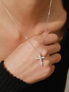 ELSEDES 1 pièce Collier pendentif en forme de croix en argent sterling S925 fait main avec des pierres précieuses scintillantes, bijou de qualité convenant pour le port quotidien des femmes - Argent - Voir 2