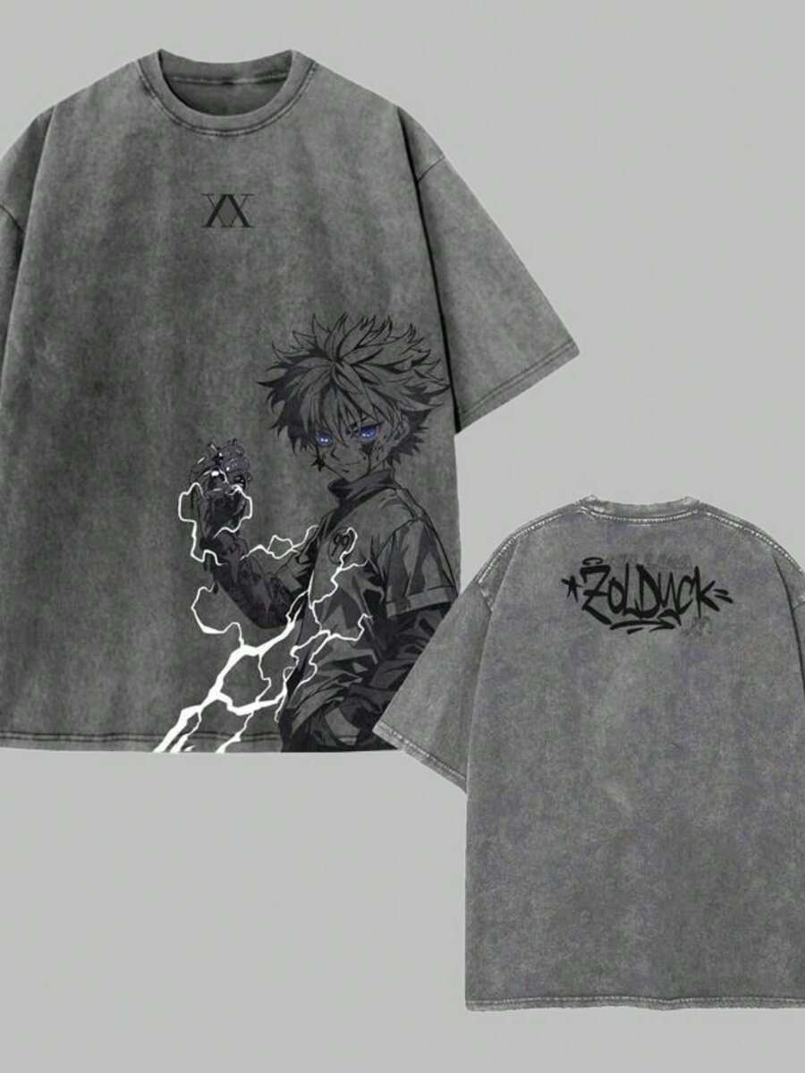 Killua Anime Double Print Retro Washed T-Shirt, Unisex Loose Fit Heavyweight Cotton T-Shirt, Comfortable Streetwear Style For Anime Fans. - 灰色 - 查看 1