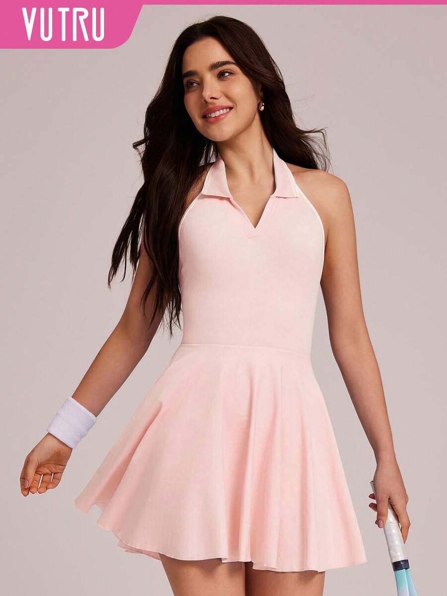 VUTRU Halter Backless Polo Collar Sports Dress, Anti-Flashing Tennis Skirt, Golf Dress - Baby Pink - View 1
