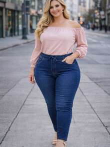 Jogger Denim Stretch Curvy con Cintura Elástica y Diseño - Lavado ligero - Ver 1