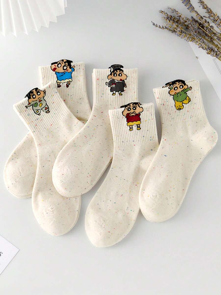 CRAYON SHINCHAN 5双装女士蜡笔小新卡通图案柔软舒适中筒袜 - 彩色 - 查看 1