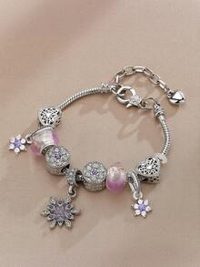 Heart & Flower Charm Bracelet Classic Heart Rhinestone Bracelet Snowflake Bracelet Fashionable Golden Heart Bracelet For Girl - Multicolor - View 4