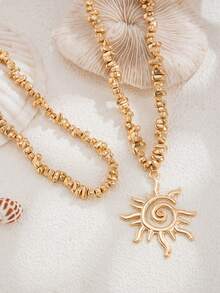 2件套几何方形CCB串珠火焰漩涡吊坠项链，优雅奢华珠宝，适合婚礼、派对、海滩、休闲、街头风格，女士及情侣款，节日及生日礼物 - 金色 - 查看 6