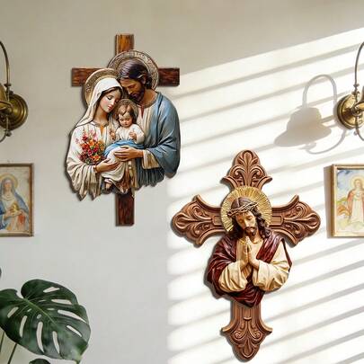 1/3pcs Wooden Jesus And Cross Decor Plaque, Suitable For Decorating Church, Bedroom, Living Room And Study, Also An Excellent Gift For Friends And Family