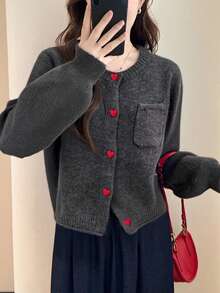 Women's Casual Minimalist Korean Style Contrast Color Button Design Round Neck Sweater Cardigan, Autumn/Winter - Dark Grey - View 2