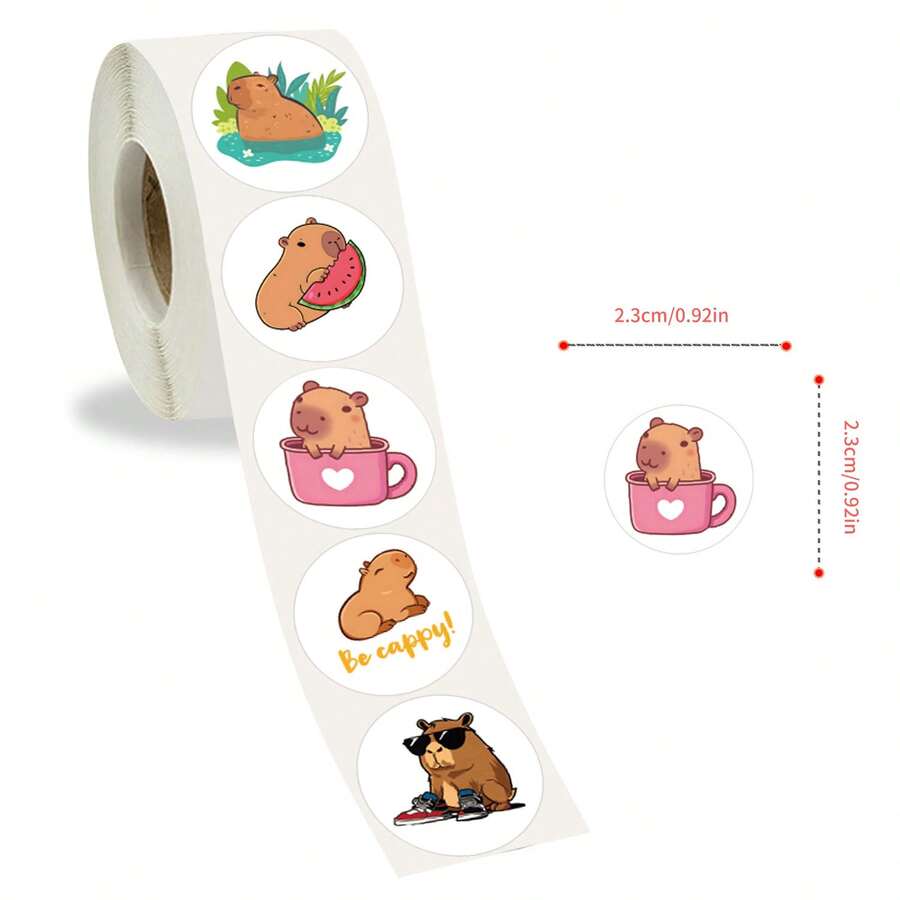 500pcs Cartoon Sticker Roll, Semi-Aquatic Herbivore Animal Stickers, Cute Cartoon Aesthetic Doodle 1 Inch Sticker Roll With 10 Pattern Labels, Suitable For Water Bottles, Laptops, Phones, Skateboards, Guitars, Luggage, Scrapbooks, Helmets, Party Decorations, Gift - Apricot - View 1