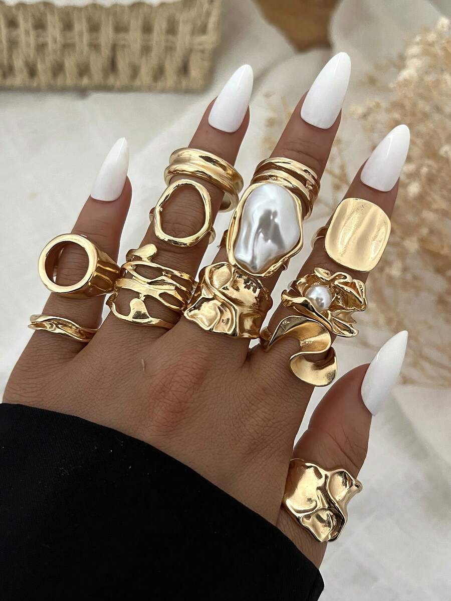 Set de 12/3 piezas de anillos de mujer vintage elegantes de estilo bohemio con diseños geométricos asimétricos y perlas, de metal, aptos para uso diario, fiestas, citas, vacaciones, bodas y regalos de festivales - Dorado - Ver 1