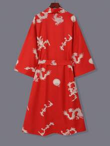 Chinese Style Retro Loose Mid-Length Festive Red Dragon Print Kimono Cardigan, Casual Home Robe With Tie Waist, Lightweight Summer Beach Cover-Up, Thin Outerwear - Red - View 2
