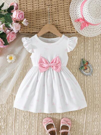 Đầm bé gái, kiểu dáng dễ thương, thường ngày, tay bồng, đính nơ, thích hợp mặc hàng ngày và đi chơi mùa hè.