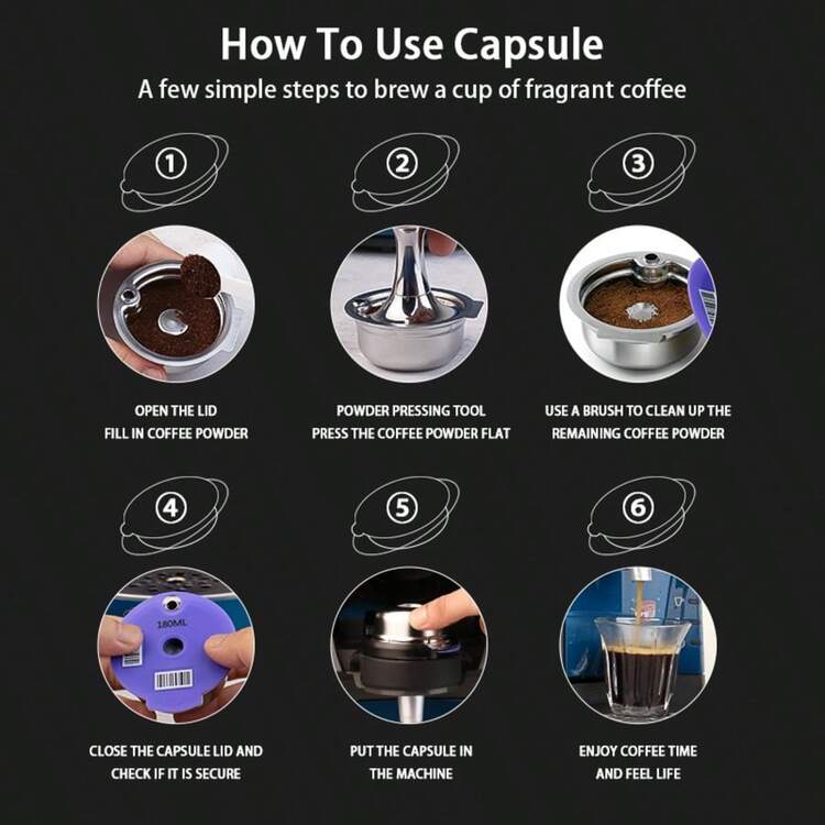 Stainless Steel Refillable Capsule Shell + Silicone Lid, Comes With Spoon & Brush, Reusable For Filling Coffee Powder - Purple - View 8