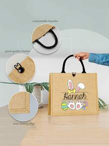 Customized Easter Canvas Tote Bag With Name, Easter Egg Hunt, Personalized Easter Gift, Burlap Bag With Easter Bunny Print, This Is A Printed Product - Multicolor - View 3