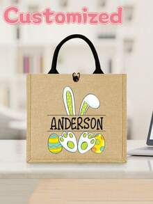 Customized Easter Canvas Tote Bag With Name, Easter Egg Hunt, Personalized Easter Gift, Burlap Bag With Easter Bunny Print, This Is A Printed Product - Multicolor - View 5