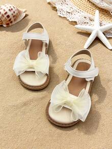 1 Pair Girls' Shoes With Mesh Bow Design, Breathable Lining, Ankle Strap, Open Toe, Flat Sole. Elegant And Cute, Suitable For Casual Daily Wear - Beige - View 2