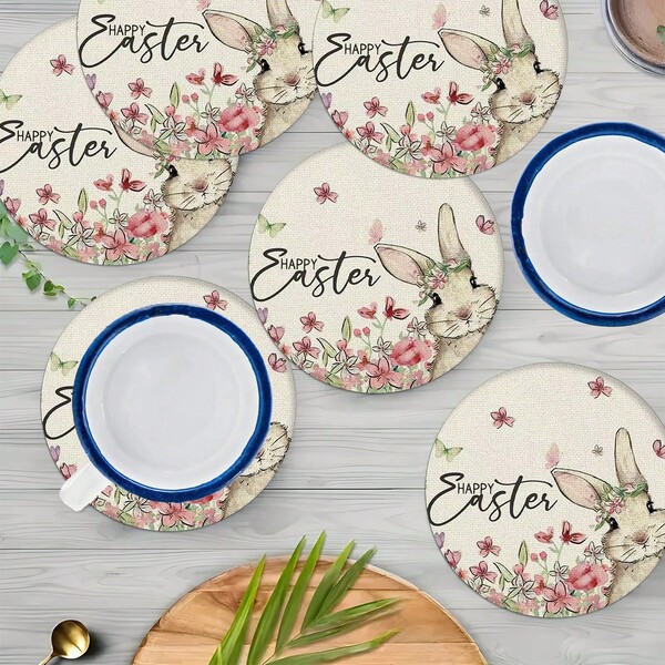 2pcs/4pcs/6pcs Easter Placemats, Rabbit, Colorful Floral Pattern Diatomite Placemats, Holiday Gift, Holiday Decor, Suitable For Dining Table, Coffee Bar, All Season Decoration, Washable Tabletop Mat, Room Decor, Coasters, Drain Pad, Kitchen Dining Table Mat, Indoor Outdoor Party Decor, Home Decor, Ideal Gift