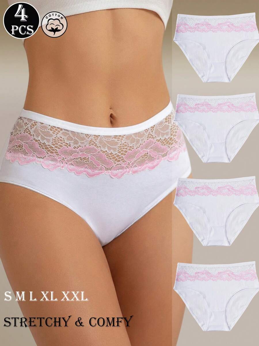 4 Peças Calcinhas Elegantes de Cintura Alta Brancas e Rosas com Estampa Floral, Roupa Íntima Diária Macia, Respirável, Elástica e Confortável com Renda Contrastante - Branco - Visão 1