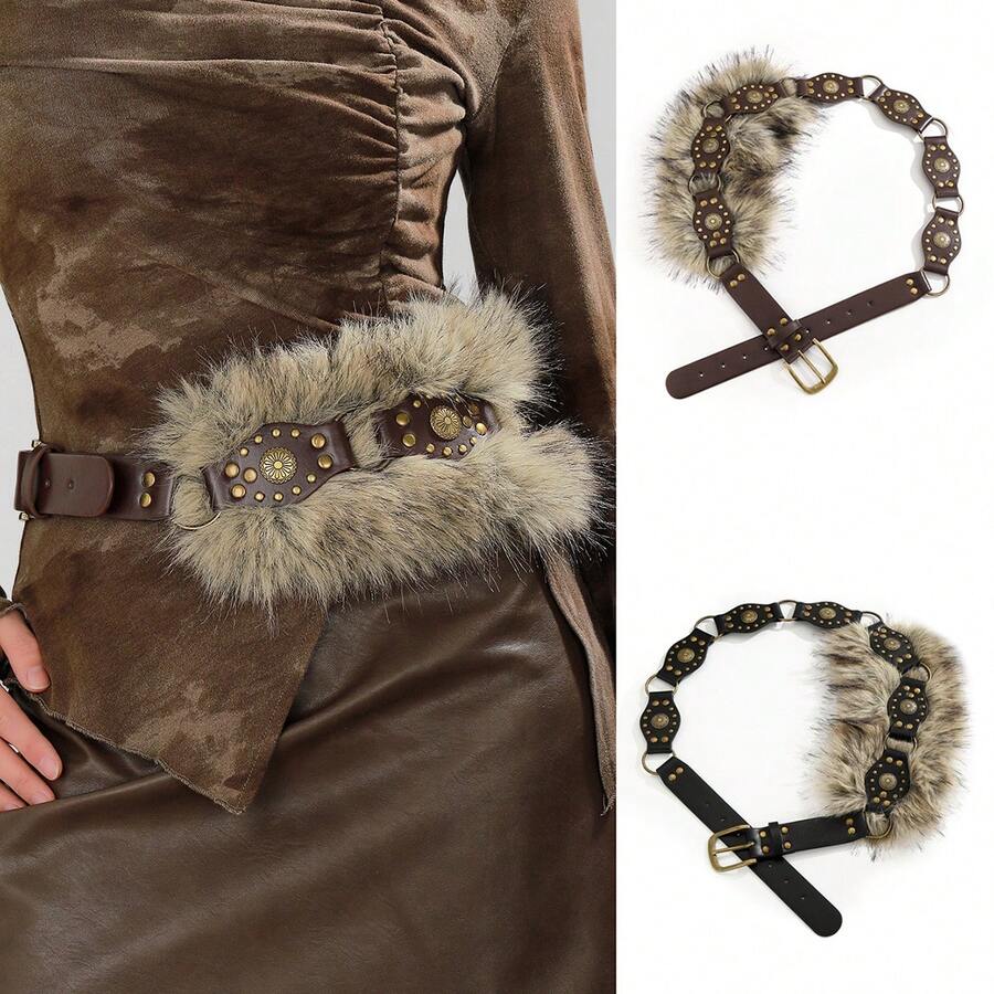 Thắt lưng trang trí lông thú cổ điển, thắt lưng kim loại ghép mảnh, thắt lưng da PU phong cách đường phố động vật retro - Cà phê - Xem 1