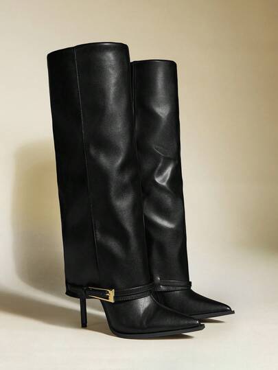 Women's Pointed Toe Slim High Heel Thigh High Boots With Metal Buckle Decor And Side Zipper, Sexy & Fashionable Black Over-The-Knee Boots For Party Outfit