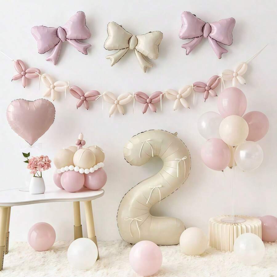 New Twilight Pink Ballet Style Bowknot Birthday Party Balloon Set - Beige - View 1