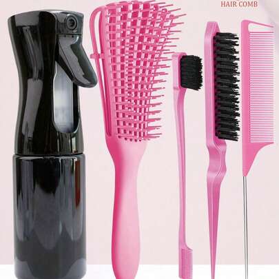 CHIGO 1/3/5 Pcs Spray Bottle And Comb Set, Includes 1 Spray Bottle, 1 8-Tooth Anti-Static Comb, 1 Tail Comb, 1 Eyebrow Brush And 1 Teasing Comb. Unisex Combs For Wet And Dry Curly Hair, Detangling, Suitable For Coarse And Fine Hair, Can Be Used For Makeup, 5-Piece Mixed Color Set, Bathroom Styling Set, Back To School Essential.
